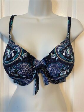 La Vie En Rose Navy Paisley Tie-Front Underwire Bikini Top with Teal Accents
